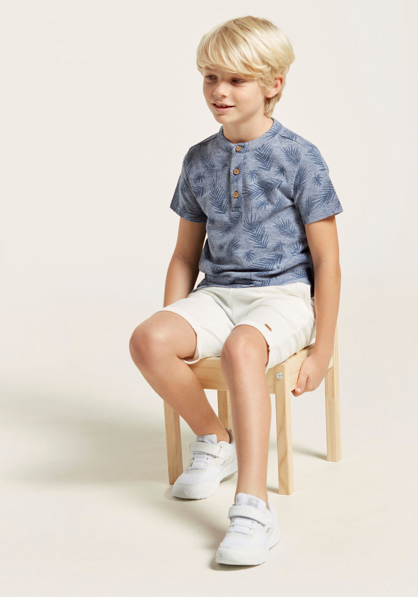 All-Over Print Henley Neck T-shirt with Solid Shorts Set-Clothes Sets-image-1
