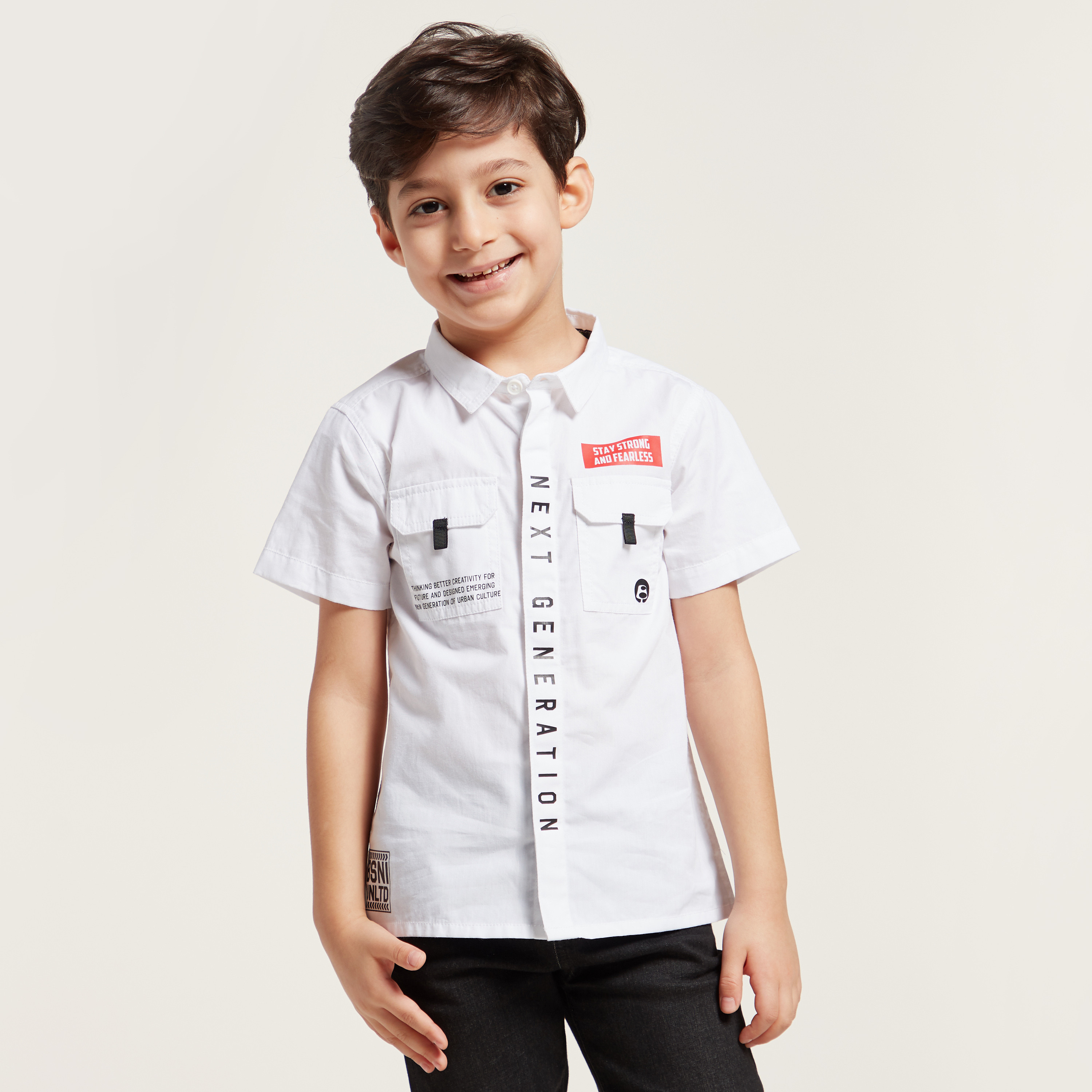 Bossini Typographic Print Shirt with Spread Collar and Short Sleeves-boys-clothing-shirts-image-1
