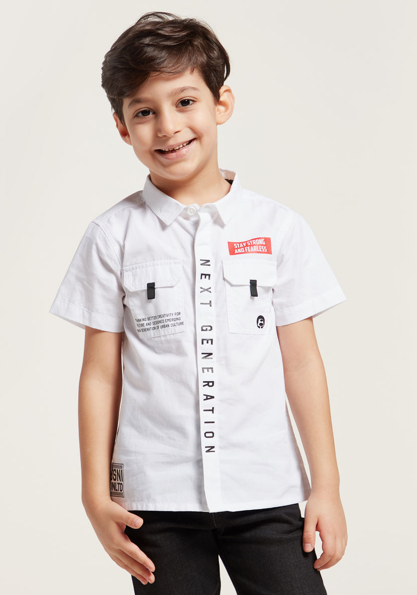 Bossini Typographic Print Shirt with Spread Collar and Short Sleeves-Shirts-image-0