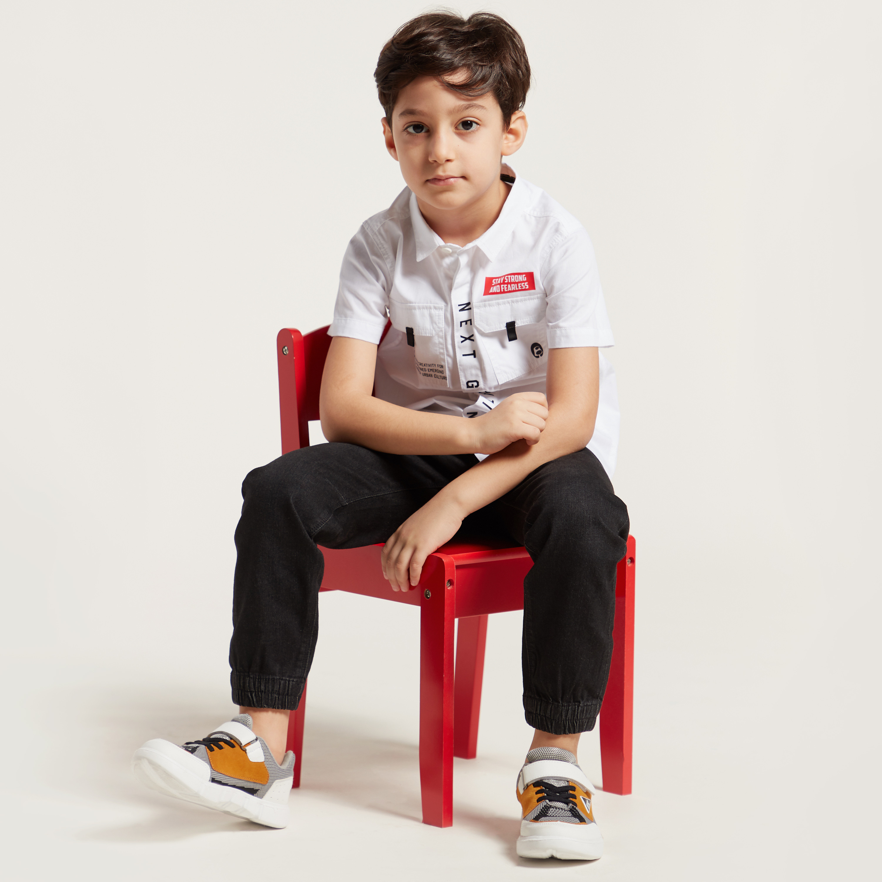 Bossini Typographic Print Shirt with Spread Collar and Short Sleeves-boys-clothing-shirts-image-2