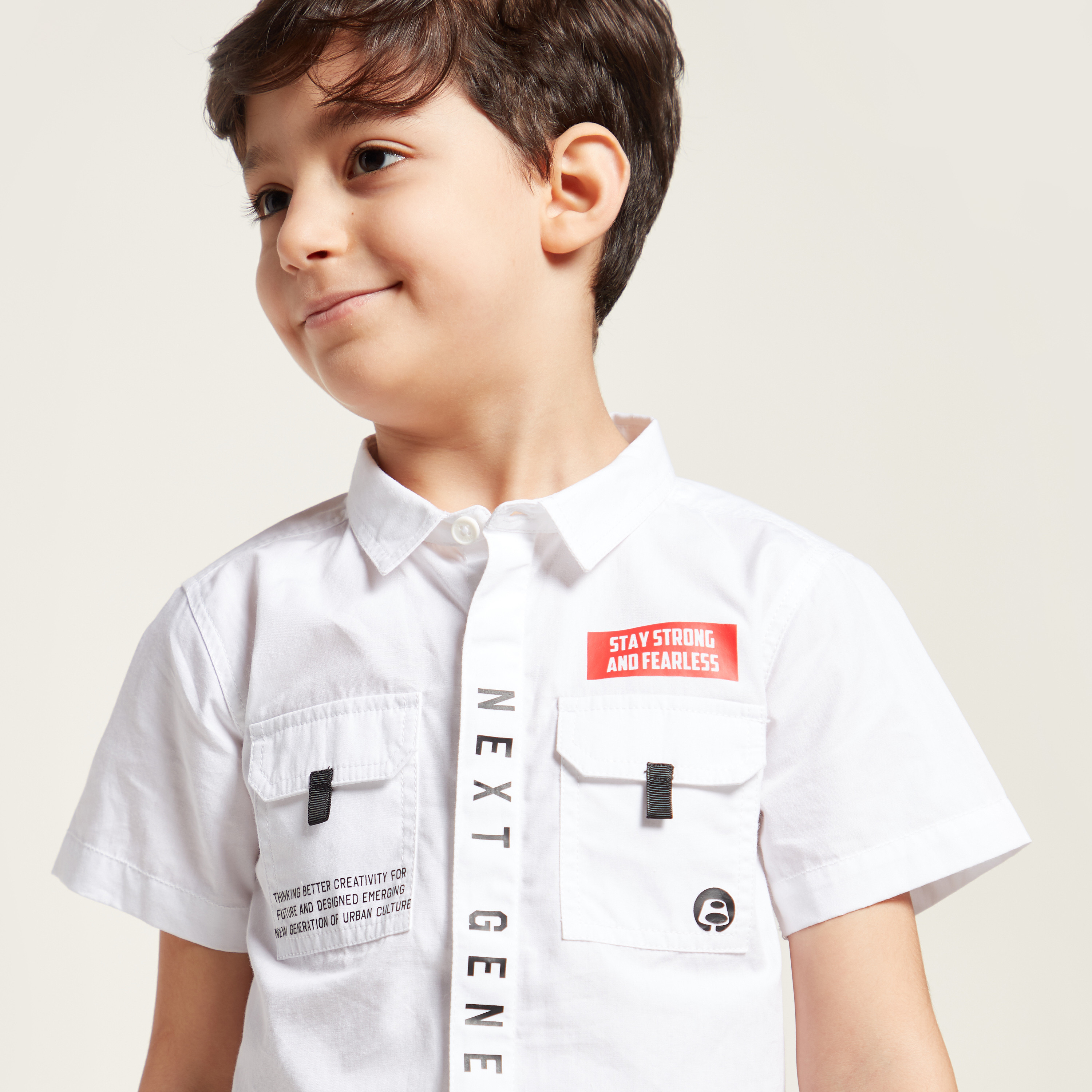 Bossini Typographic Print Shirt with Spread Collar and Short Sleeves-boys-clothing-shirts-image-3