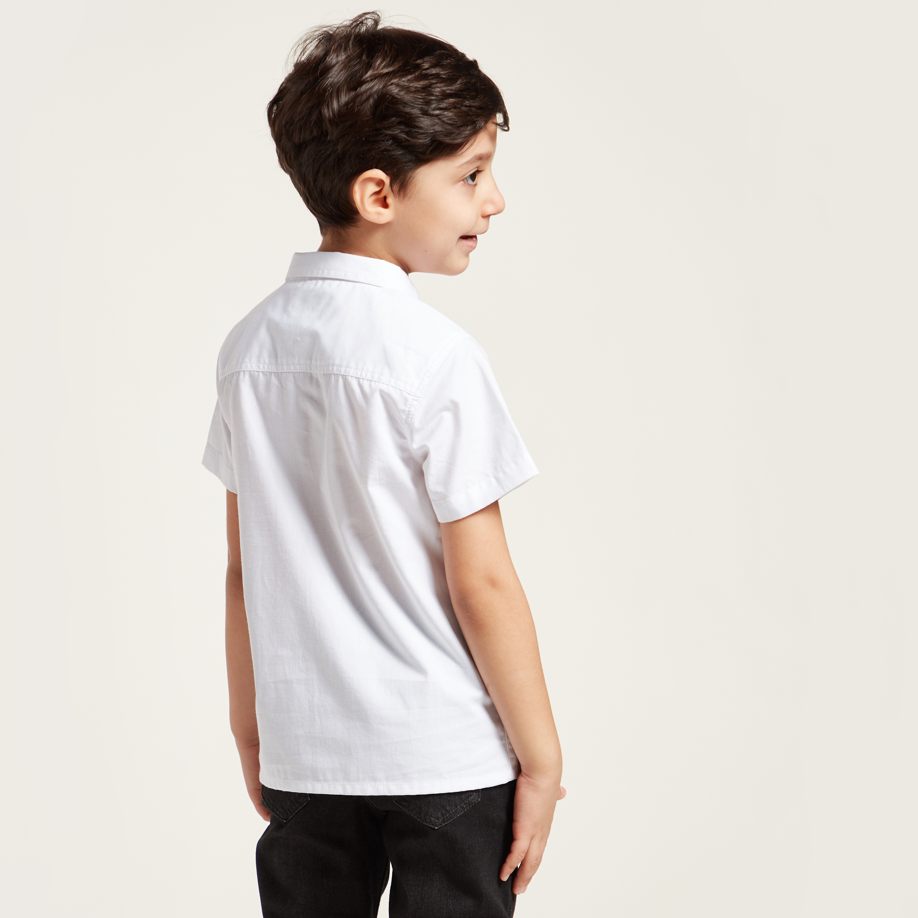 Bossini Typographic Print Shirt with Spread Collar and Short Sleeves-boys-clothing-shirts-image-4