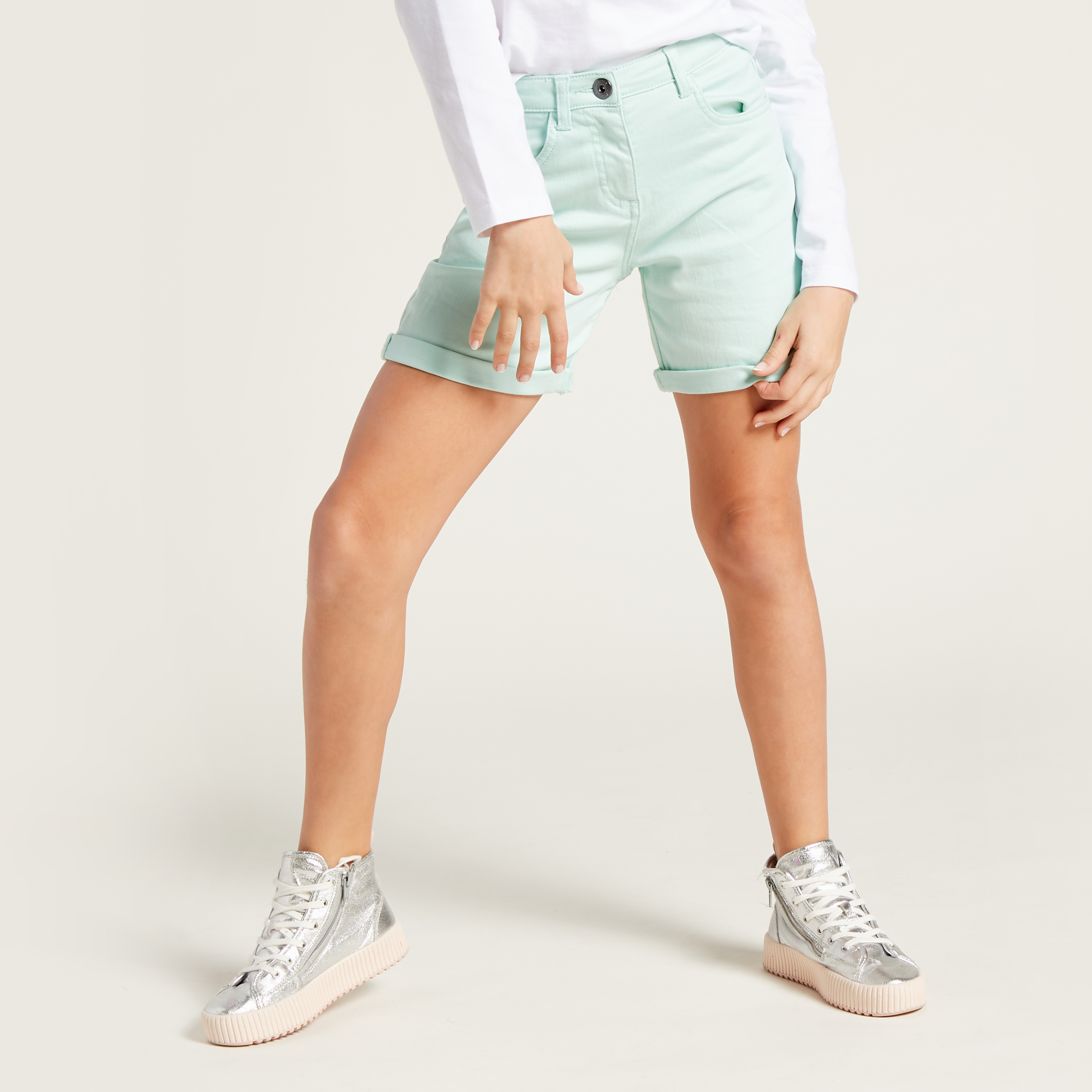 شورت سادة بـ 5 جيوب وأطراف مثنية من جونيورز-girls-clothing-bottoms-shorts-image-4