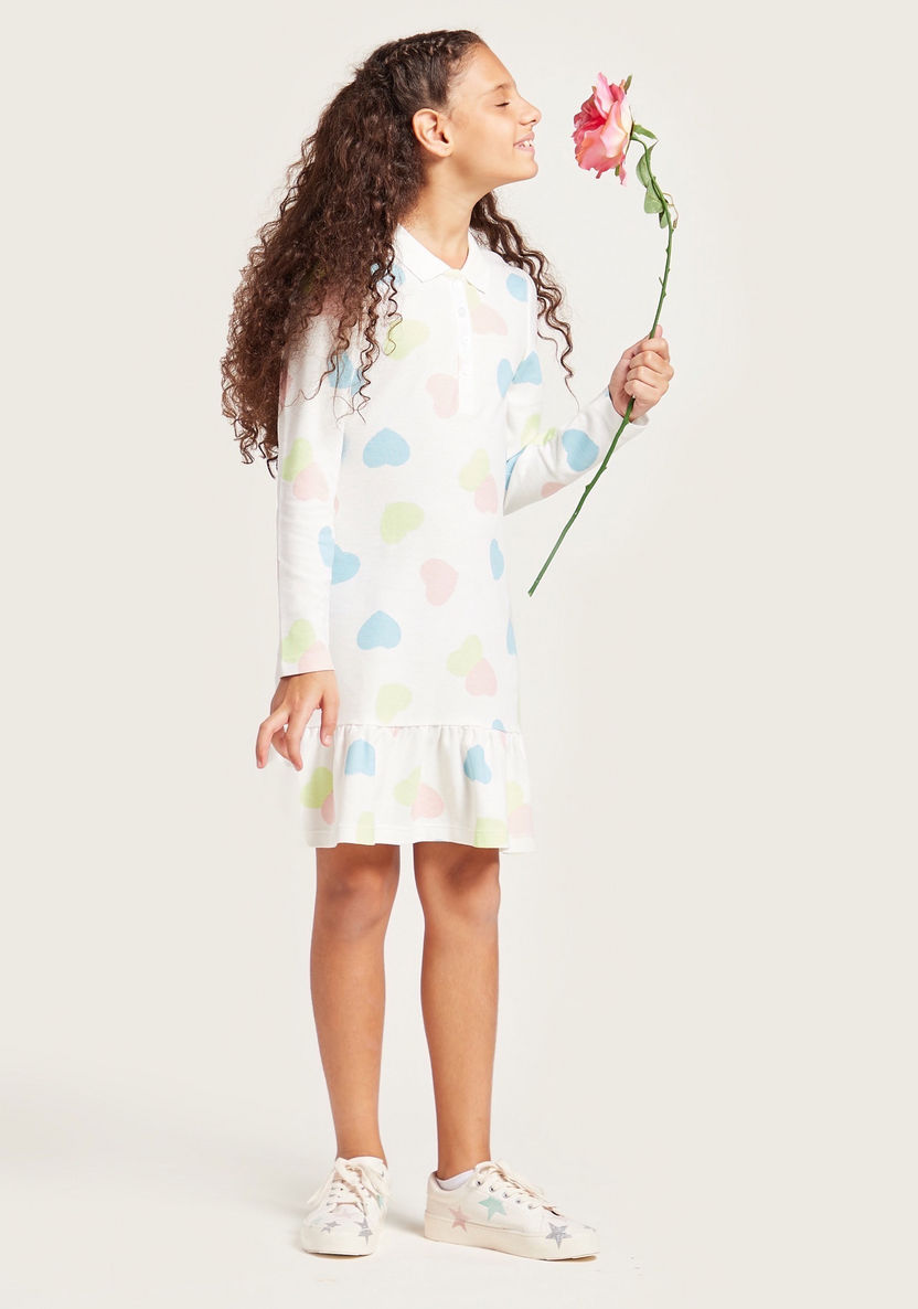 Juniors All-Over Heart Print Dress with Polo Neck and Long Sleeves-Dresses%2C Gowns and Frocks-image-0
