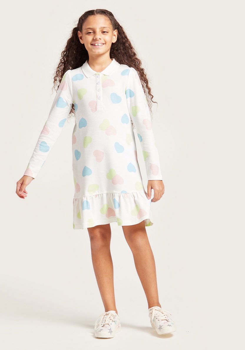 Juniors All-Over Heart Print Dress with Polo Neck and Long Sleeves-Dresses%2C Gowns and Frocks-image-2