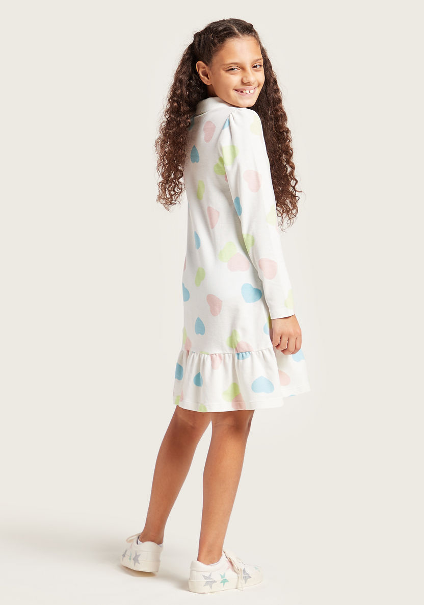 Juniors All-Over Heart Print Dress with Polo Neck and Long Sleeves-Dresses%2C Gowns and Frocks-image-3