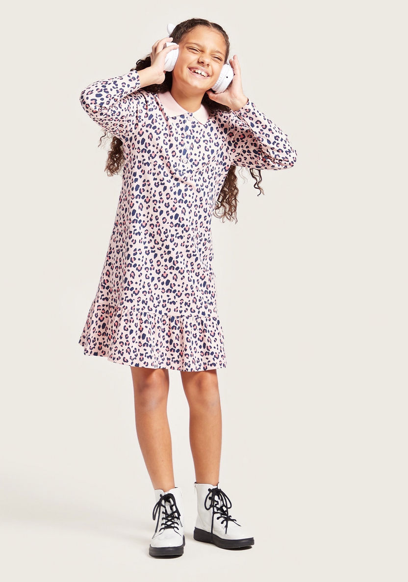 Juniors All-Over Animal Print Dress with Polo Neck and Long Sleeves-Dresses%2C Gowns and Frocks-image-0