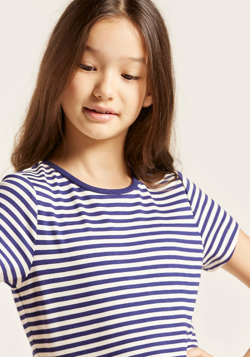 Juniors Striped Dress with Round Neck and Short Sleeves-Dresses%2C Gowns and Frocks-image-1