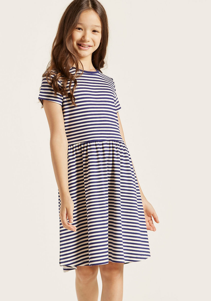 Juniors Striped Dress with Round Neck and Short Sleeves-Dresses%2C Gowns and Frocks-image-3