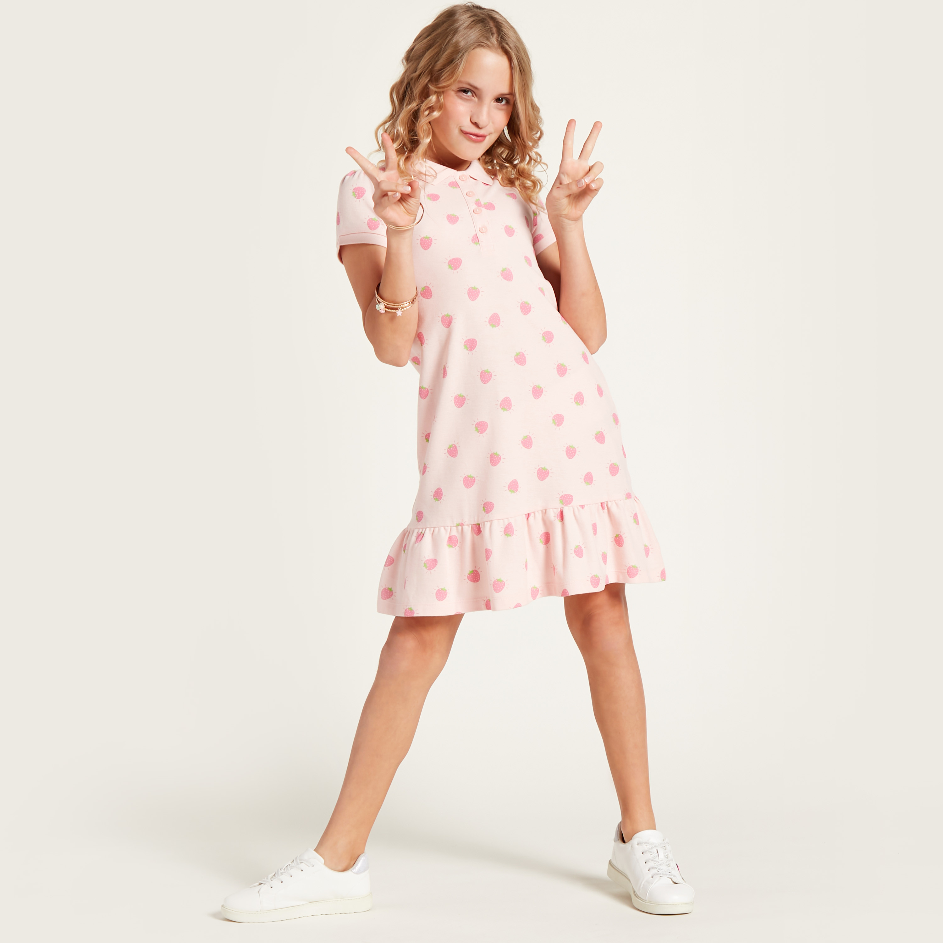 Juniors Strawberry Print Polo Dress with Short Sleeves-girls-clothing-dressesandjumpsuits-image-2