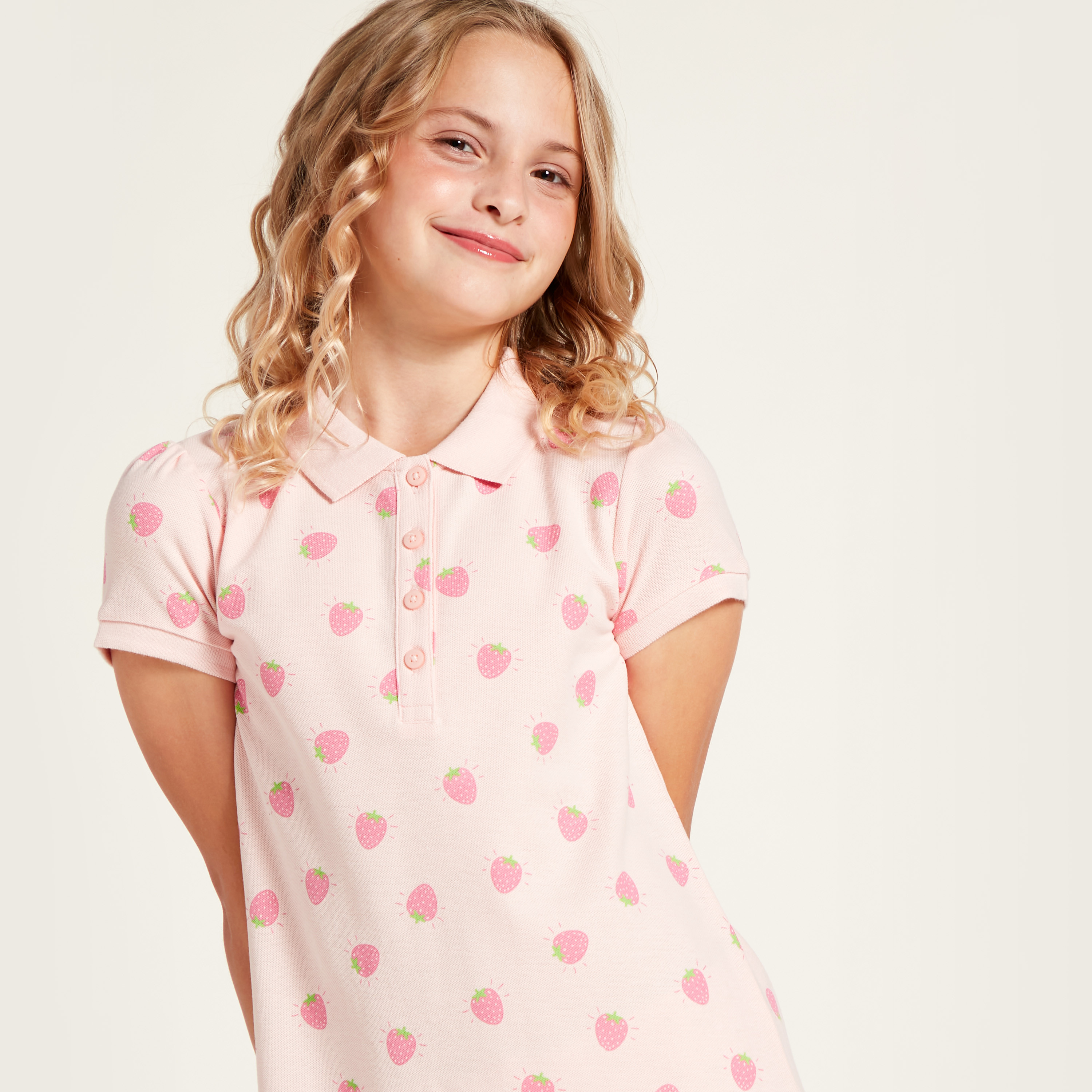 Juniors Strawberry Print Polo Dress with Short Sleeves-girls-clothing-dressesandjumpsuits-image-3