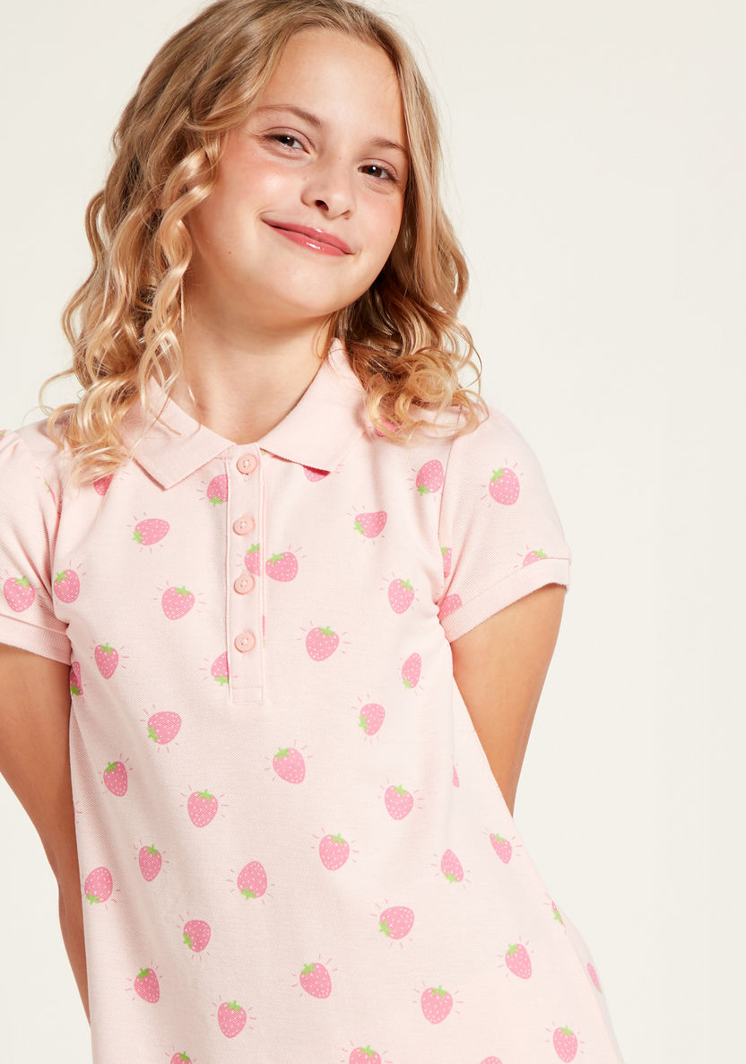 Juniors Strawberry Print Polo Dress with Short Sleeves-Dresses%2C Gowns and Frocks-image-2