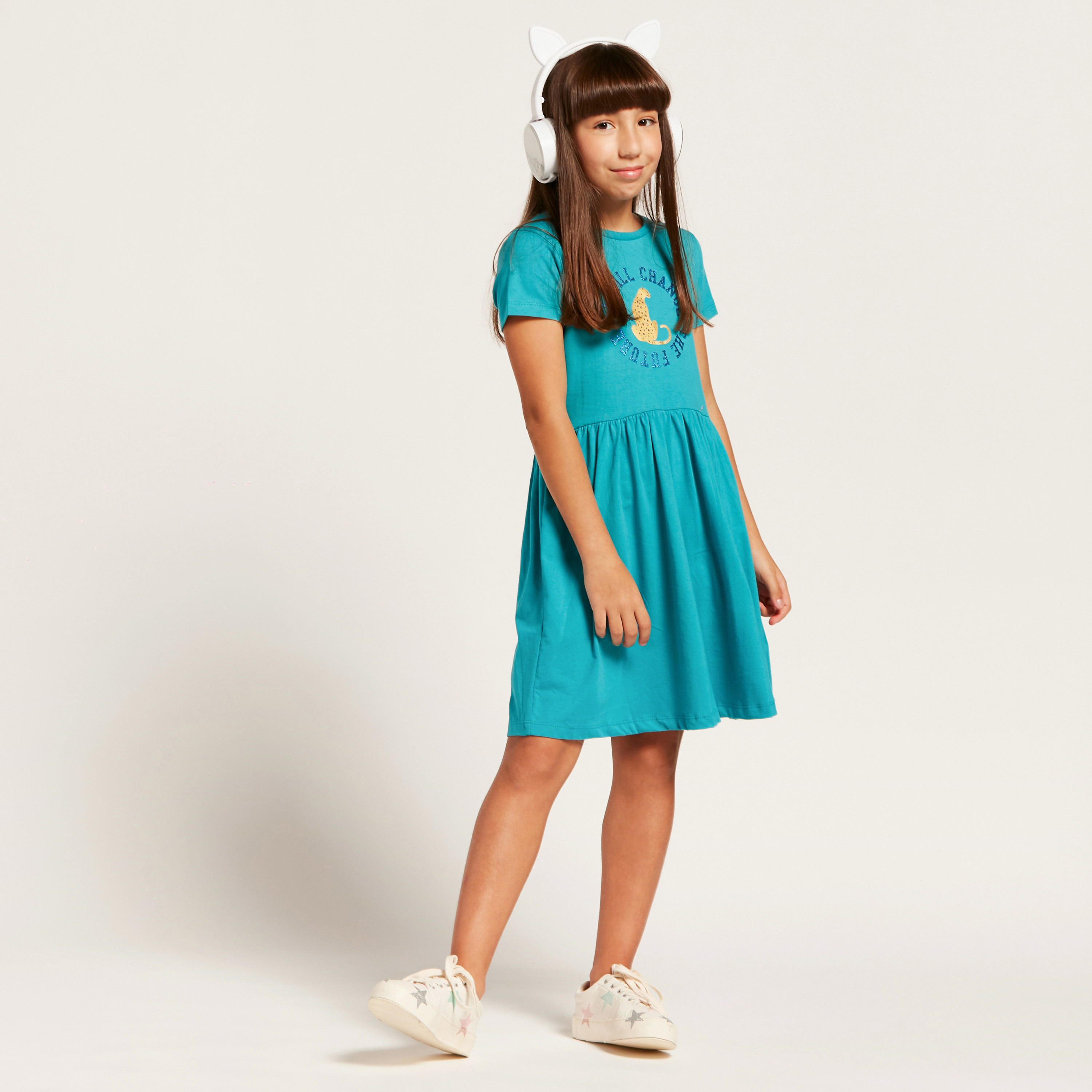Juniors Graphic Print Dress with Round Neck and Short Sleeves-girls-clothing-dressesandjumpsuits-image-1