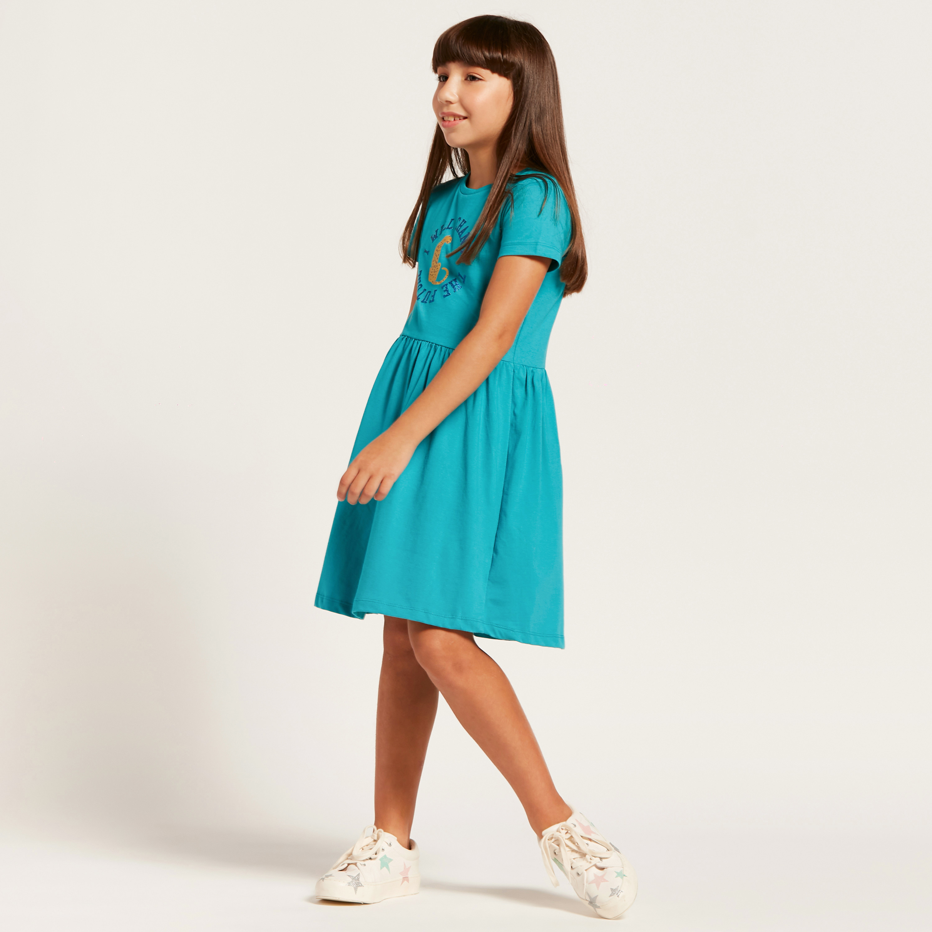 Juniors Graphic Print Dress with Round Neck and Short Sleeves-girls-clothing-dressesandjumpsuits-image-2