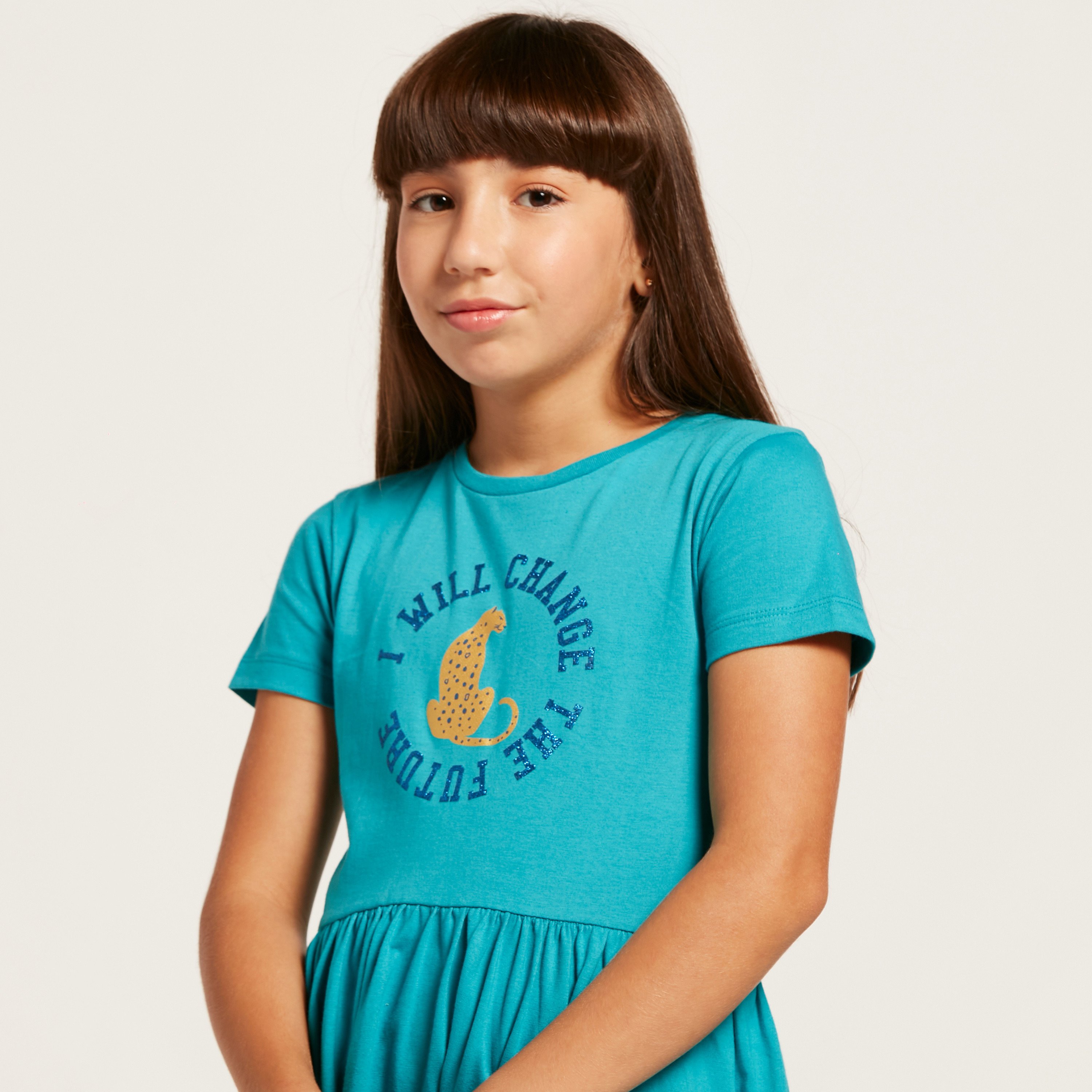 Juniors Graphic Print Dress with Round Neck and Short Sleeves-girls-clothing-dressesandjumpsuits-image-3