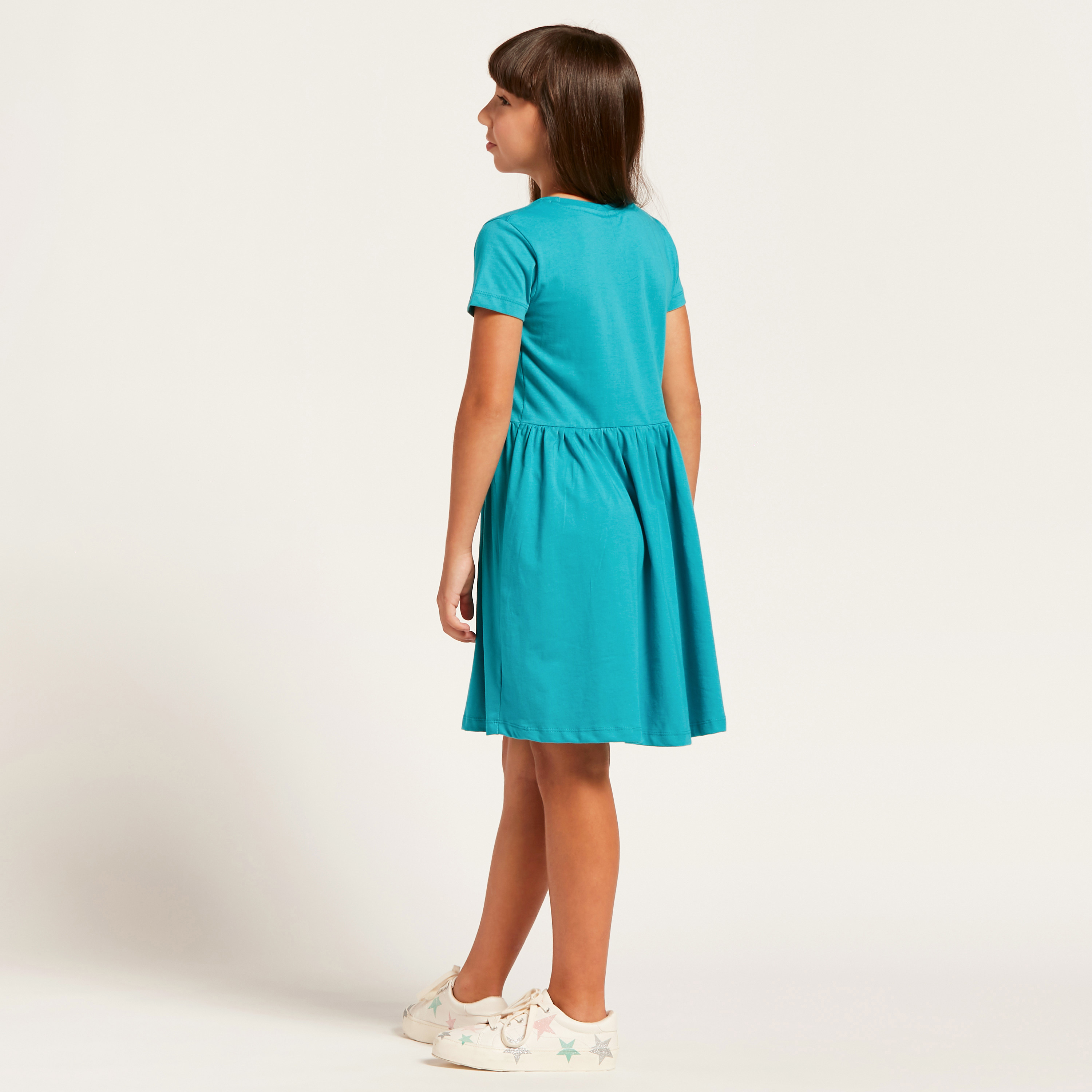 Juniors Graphic Print Dress with Round Neck and Short Sleeves-girls-clothing-dressesandjumpsuits-image-4