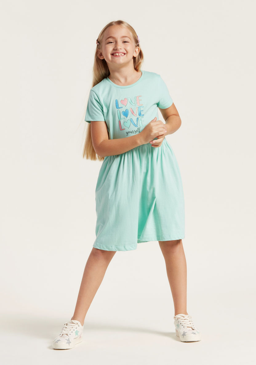 Juniors Printed Round Neck Dress with Short Sleeves-Dresses%2C Gowns and Frocks-image-0
