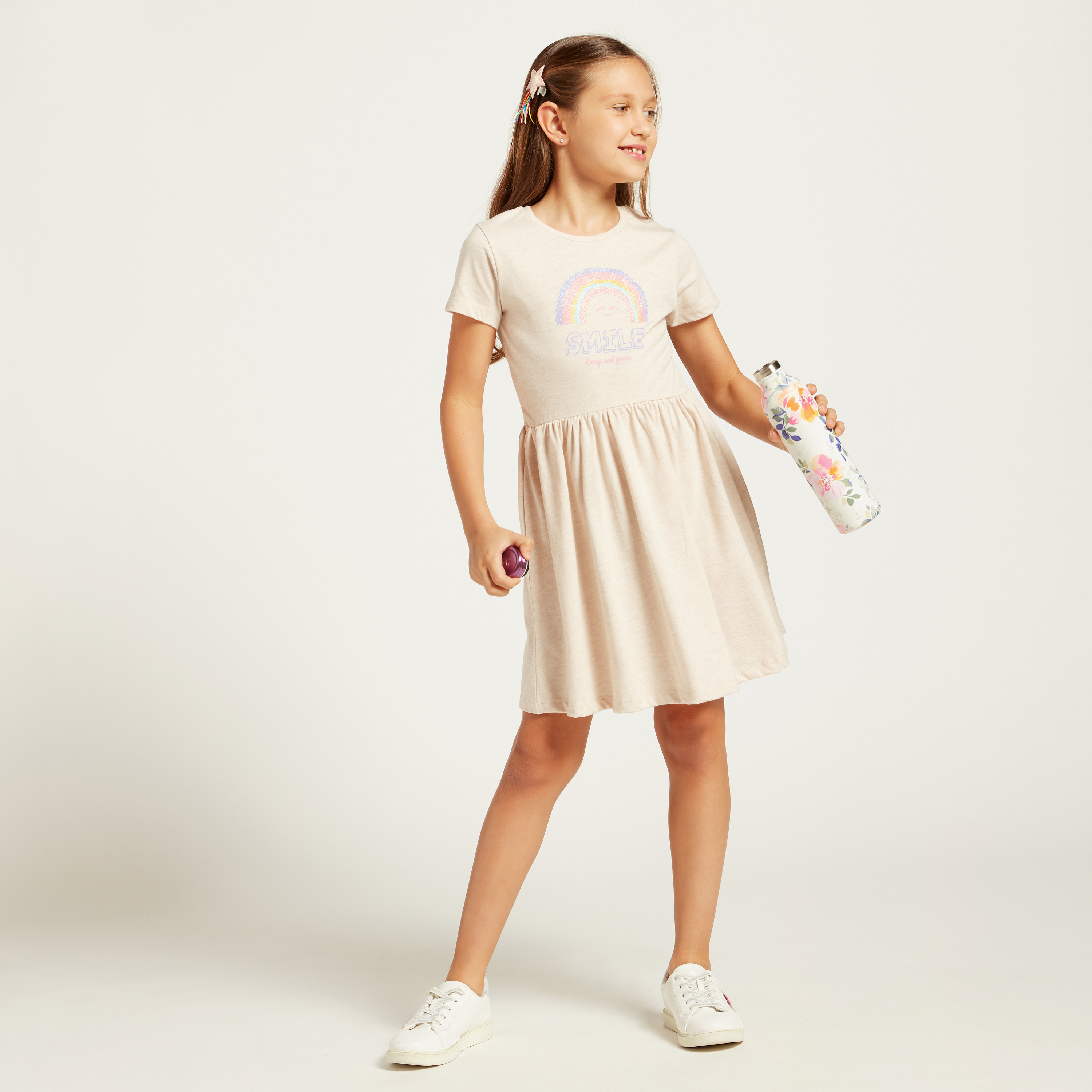 Juniors Smile Graphic Print Dress with Short Sleeves-girls-clothing-dressesandjumpsuits-image-1