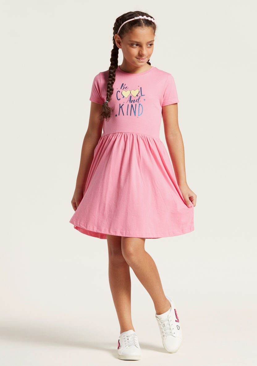 Juniors Printed Round Neck Dress with Short Sleeves-Dresses%2C Gowns and Frocks-image-0