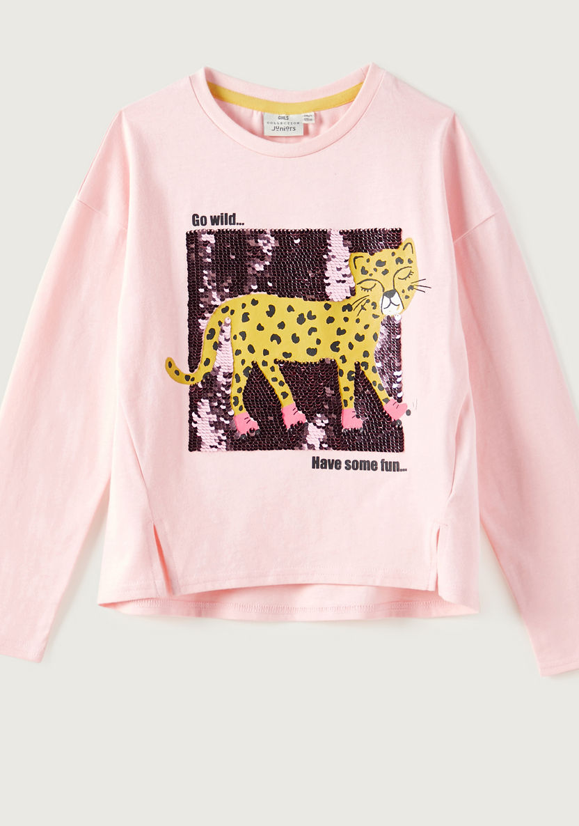 Juniors Sequin Embellished Leopard Print Round Neck T-shirt-T Shirts-image-0