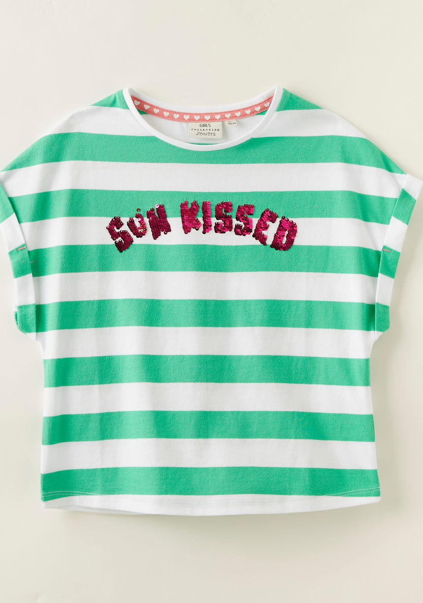 Juniors Striped T-shirt with Round Neck and Sequin Detail-T Shirts-image-0