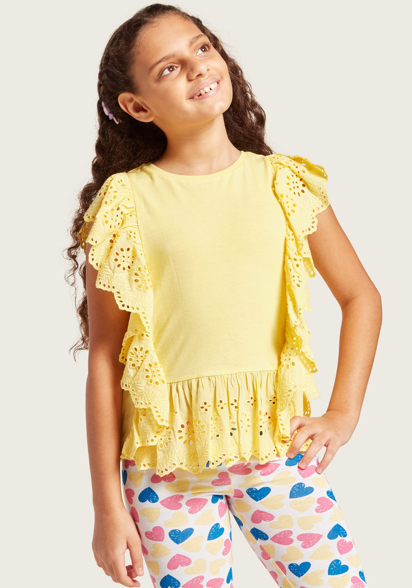 Juniors Schiffli Detail Top with Round Neck and Ruffle Sleeves-Blouses-image-2