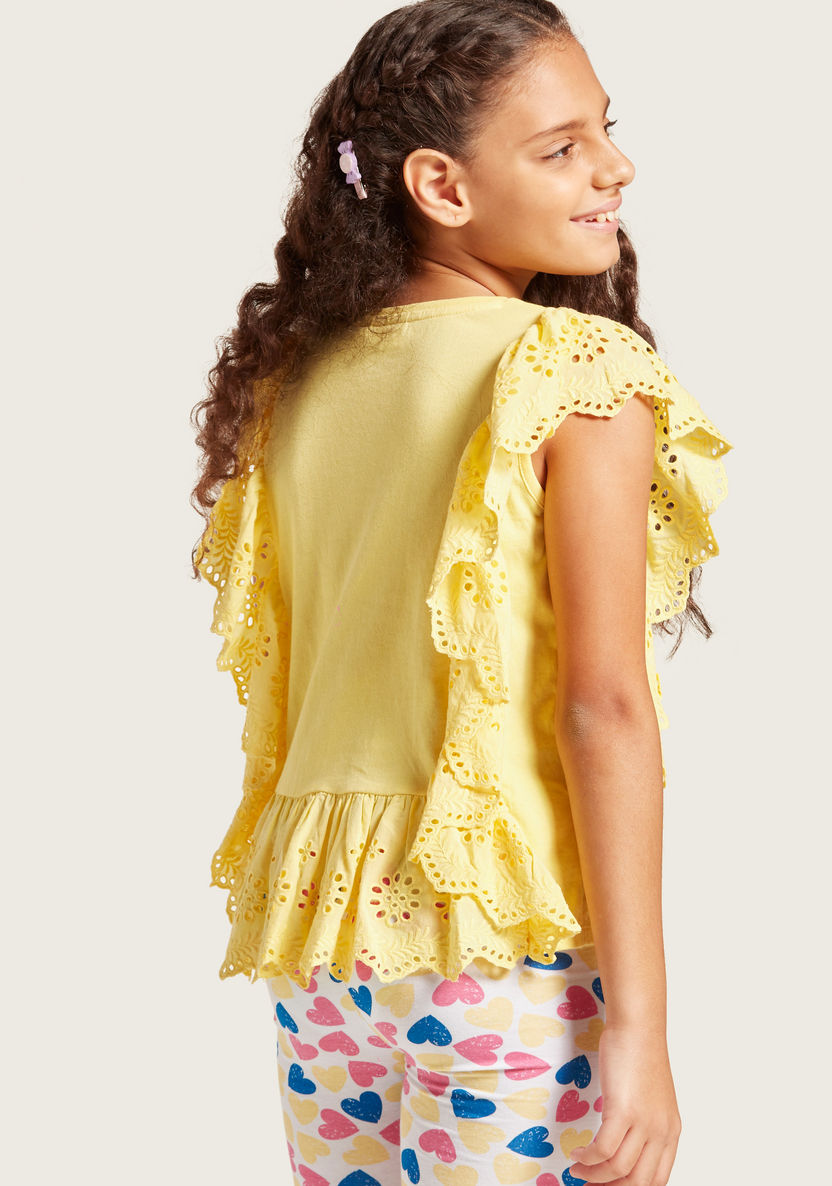 Juniors Schiffli Detail Top with Round Neck and Ruffle Sleeves-Blouses-image-3