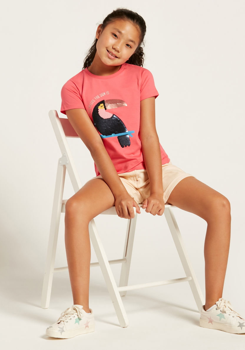 Juniors Graphic Print T-shirt with Sequin Detail and Short Sleeves-T Shirts-image-1