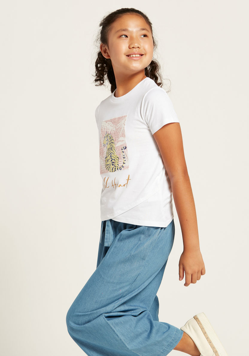 Juniors Graphic Print T-shirt with Sequin Detail and Short Sleeves-T Shirts-image-1