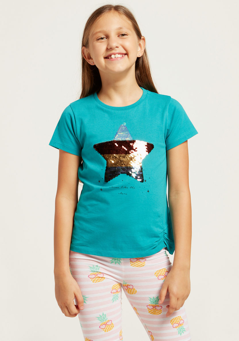 Juniors Star Sequin Detail T-shirt with Round Neck and Short Sleeves-T Shirts-image-1