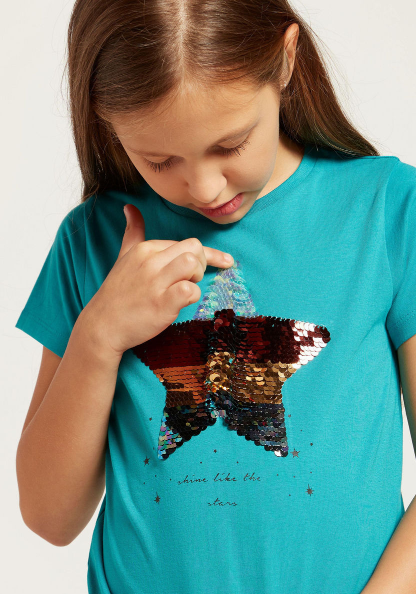 Juniors Star Sequin Detail T-shirt with Round Neck and Short Sleeves-T Shirts-image-2