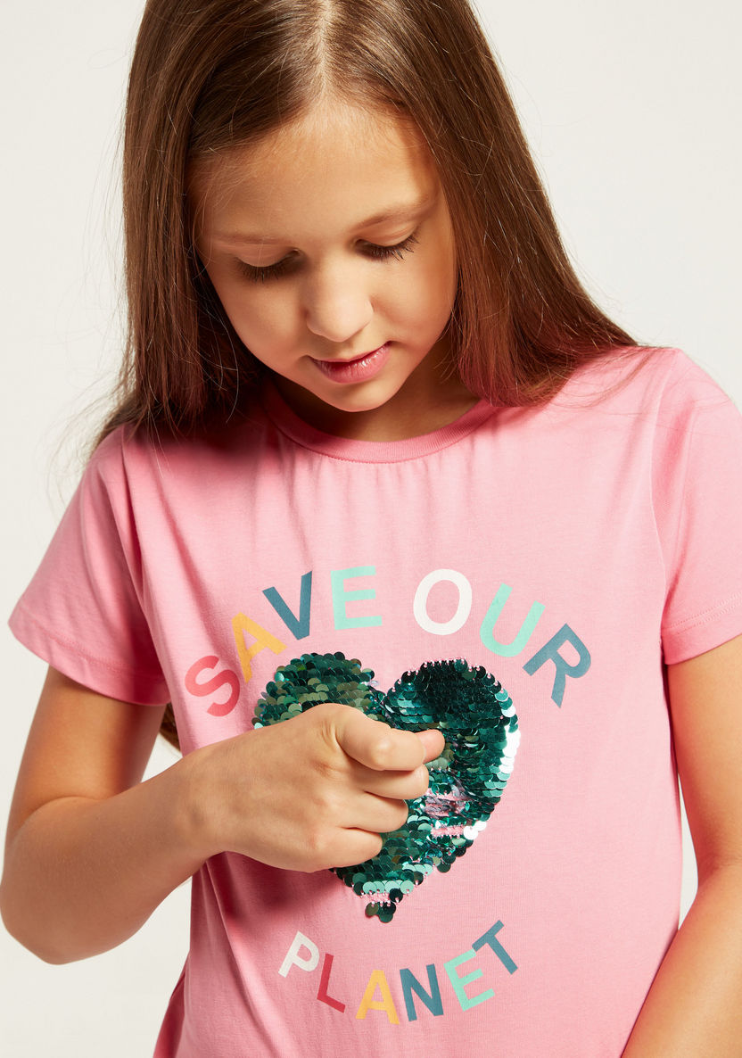 Juniors Printed T-shirt with Sequin Detail and Short Sleeves-T Shirts-image-2
