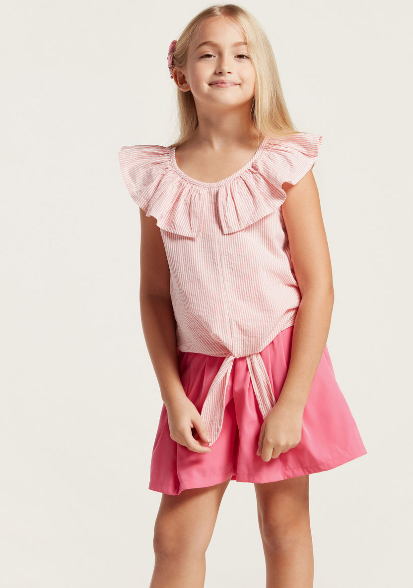 Juniors Striped Sleeveless Top with Ruffles and Knot Detail-Blouses-image-1
