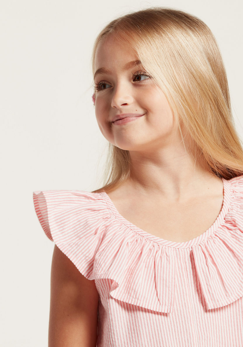 Juniors Striped Sleeveless Top with Ruffles and Knot Detail-Blouses-image-2