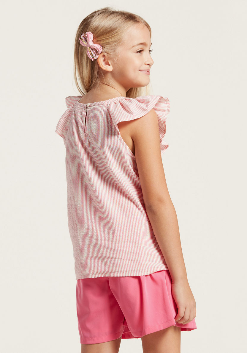 Juniors Striped Sleeveless Top with Ruffles and Knot Detail-Blouses-image-3