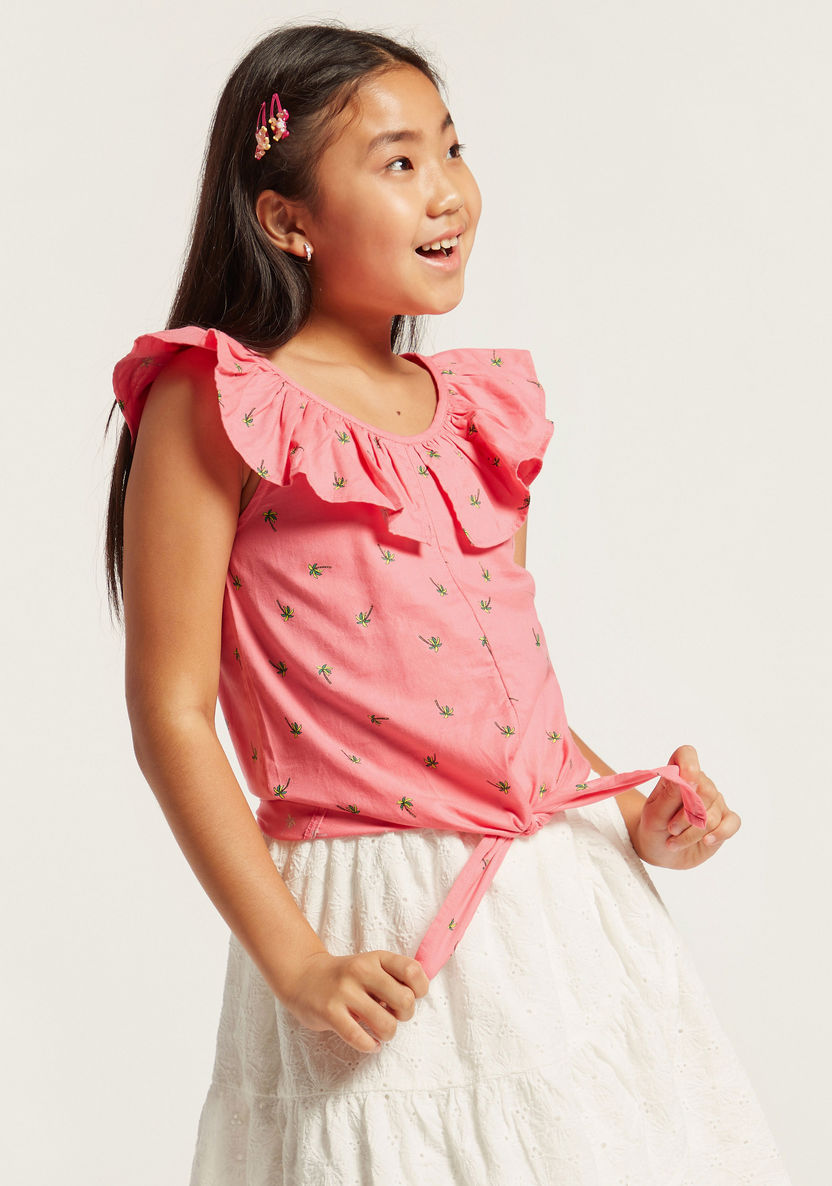 Juniors Printed Sleeveless Top with Knot Detail-Blouses-image-0