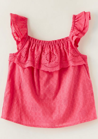 Juniors Embroidered Sleeveless A-line Top with Schiffli Detail