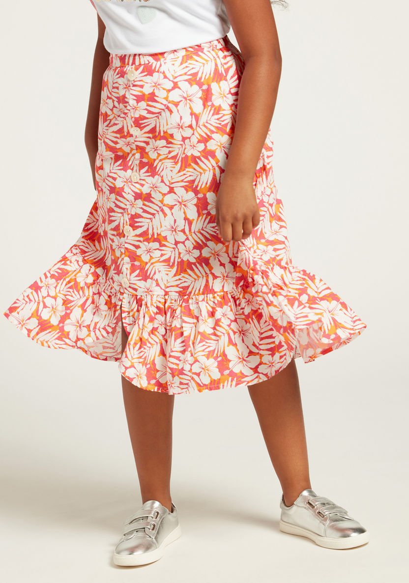 Juniors All-Over Tropical Floral Print Button Front Midi Skirt-Skirts-image-1