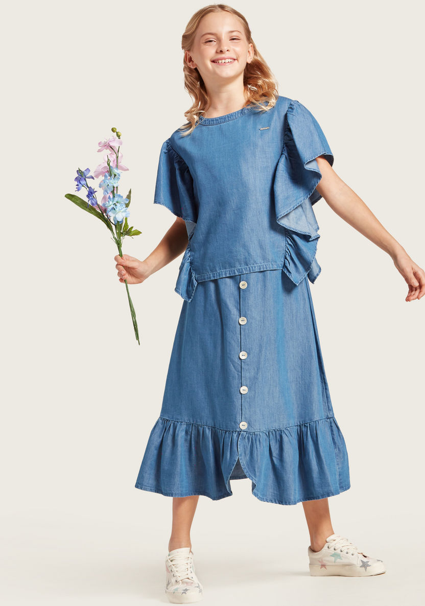 Juniors Solid Chambray Midi Skirt with Frills and Front Button Closure-Skirts-image-0