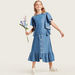 Juniors Solid Chambray Midi Skirt with Frills and Front Button Closure-Skirts-thumbnail-0
