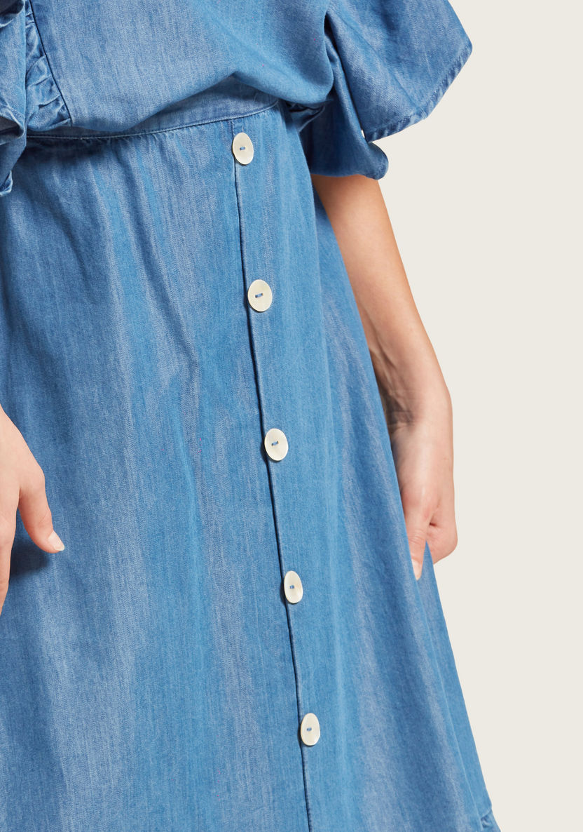 Juniors Solid Chambray Midi Skirt with Frills and Front Button Closure-Skirts-image-1