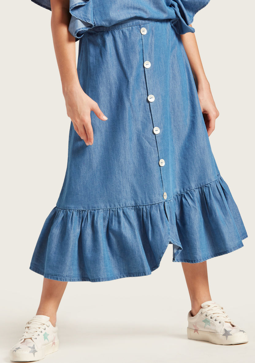 Juniors Solid Chambray Midi Skirt with Frills and Front Button Closure-Skirts-image-2