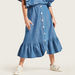 Juniors Solid Chambray Midi Skirt with Frills and Front Button Closure-Skirts-thumbnail-2