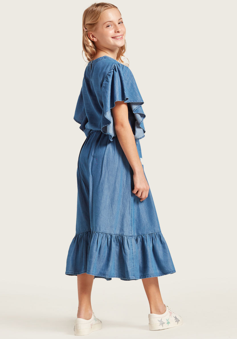 Juniors Solid Chambray Midi Skirt with Frills and Front Button Closure-Skirts-image-3