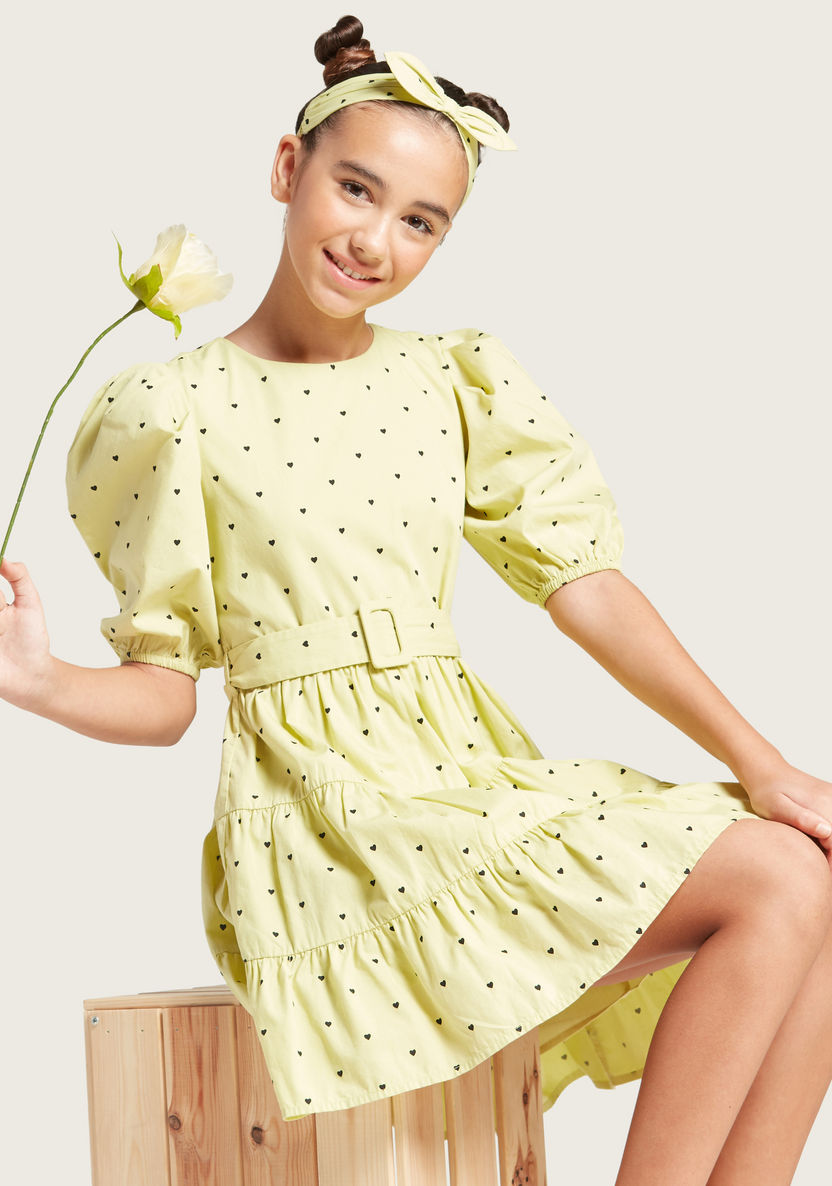 Juniors Heart Print Round Neck Dress with Short Sleeves and Belt-Dresses%2C Gowns and Frocks-image-0