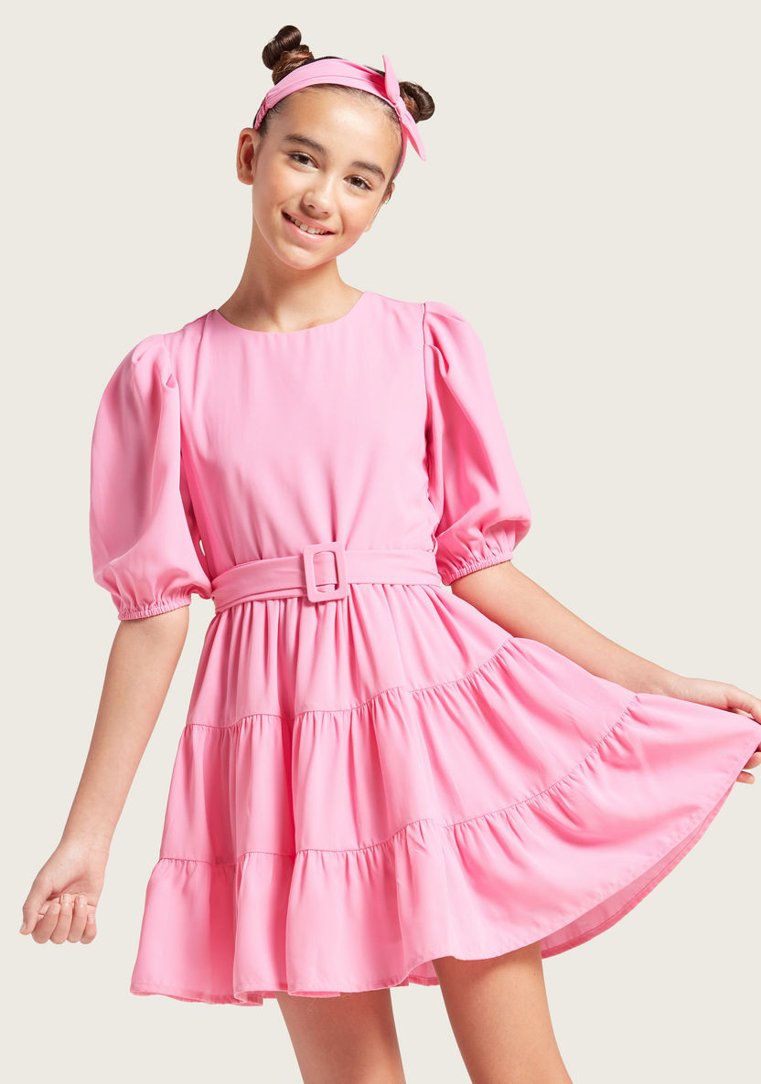 Juniors Solid Dress with Belt and Short Sleeves-Dresses%2C Gowns and Frocks-image-0