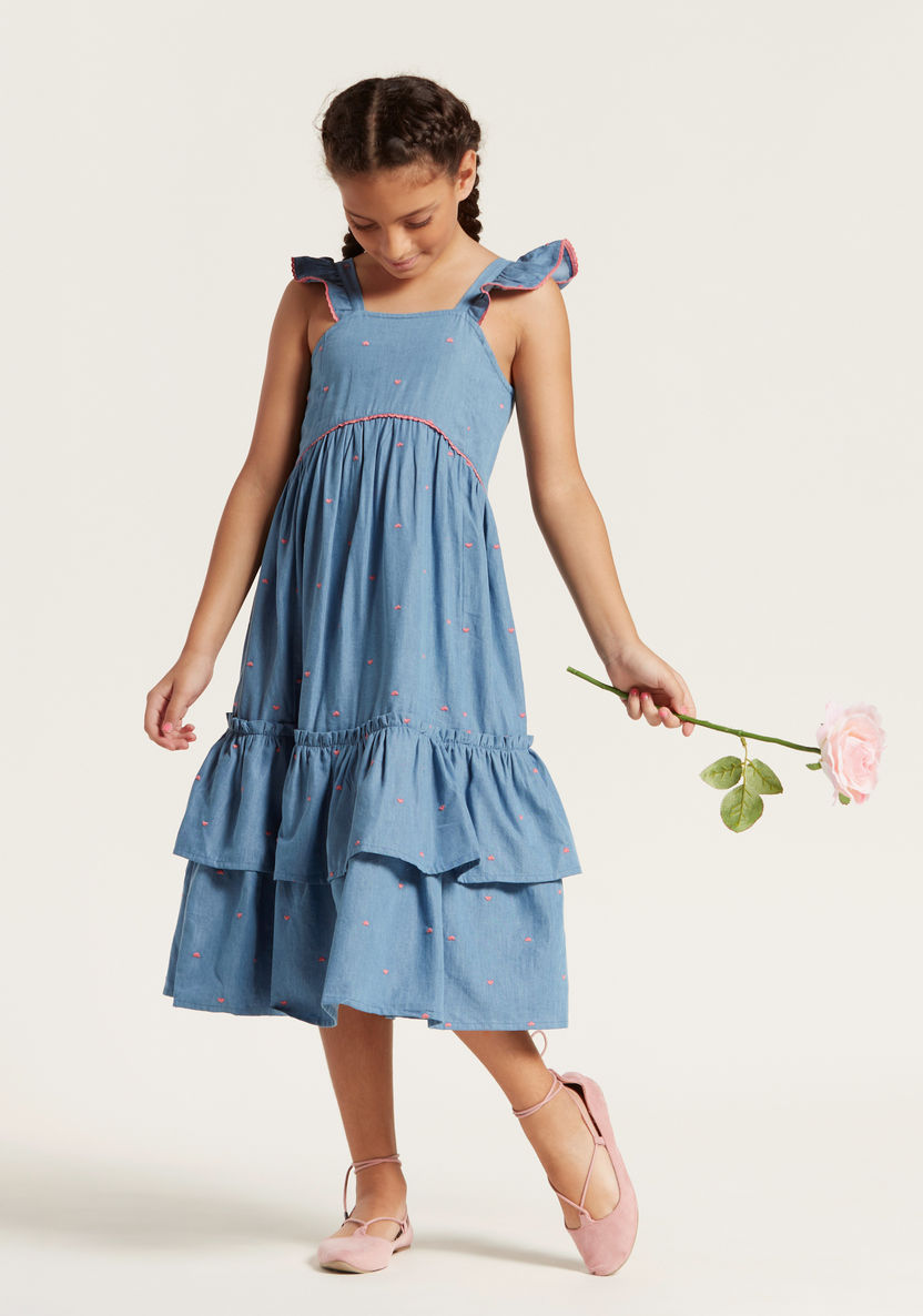 Juniors Embroidered Dress with Ruffle Detail and Square Neck-Dresses%2C Gowns and Frocks-image-0