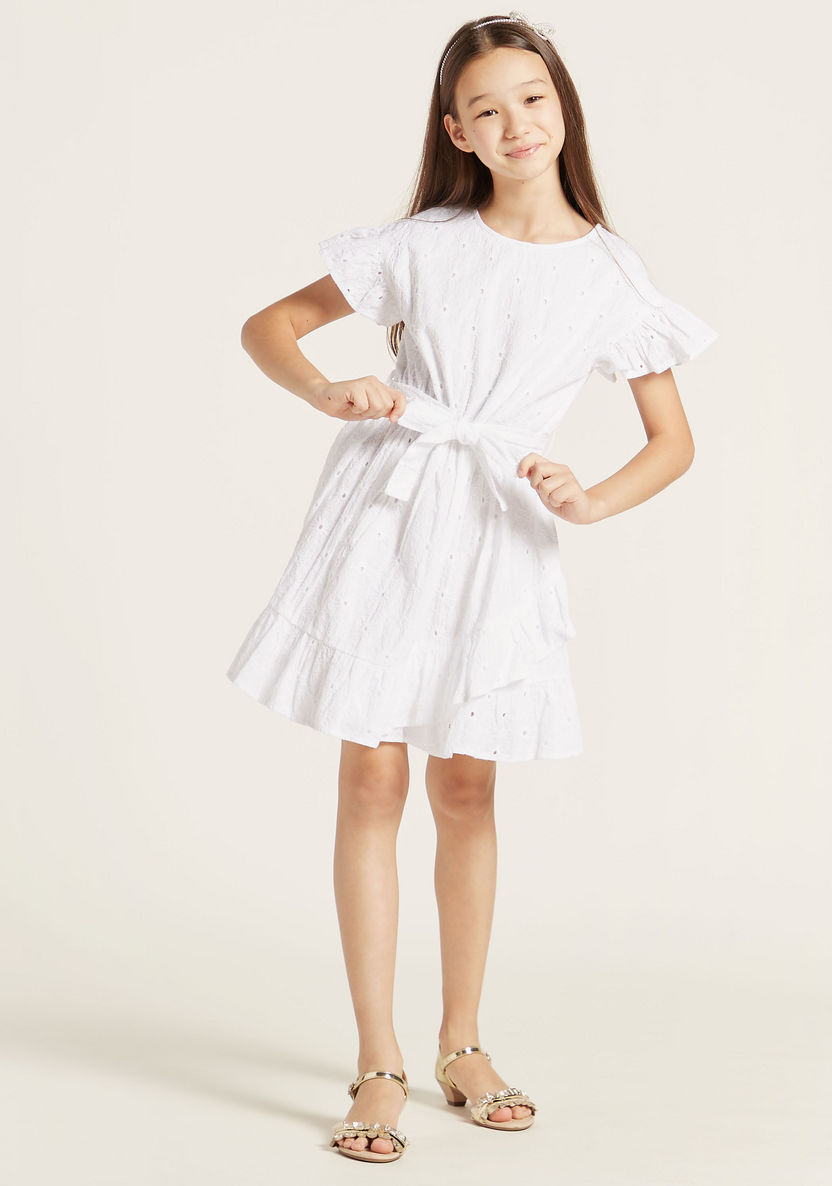 Juniors Textured Dress with Tie-Up Belt and Ruffle Detail-Dresses%2C Gowns and Frocks-image-0