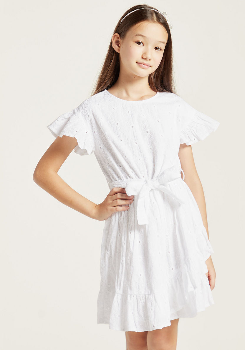 Juniors Textured Dress with Tie-Up Belt and Ruffle Detail-Dresses%2C Gowns and Frocks-image-1