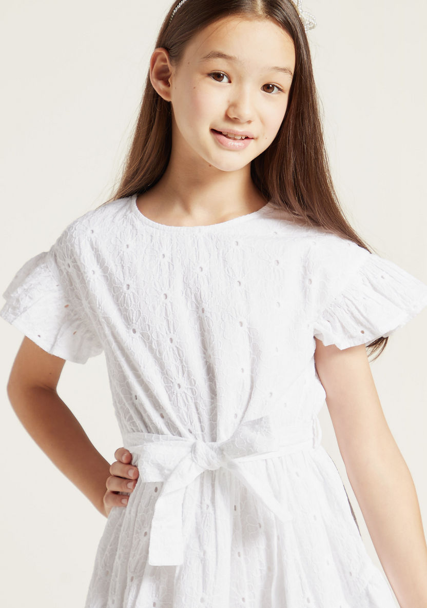 Juniors Textured Dress with Tie-Up Belt and Ruffle Detail-Dresses%2C Gowns and Frocks-image-2